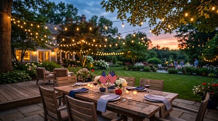 Obraz premium Patriotic dinner table set in backyard under glowing string lights