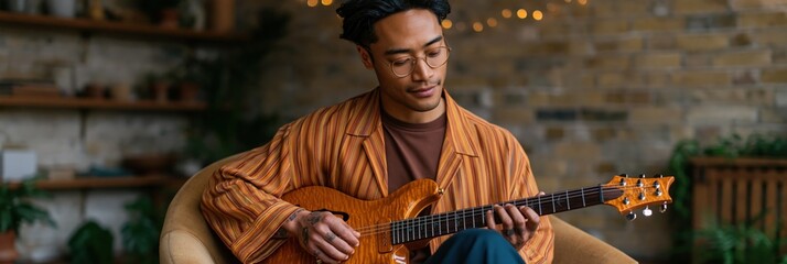 Obraz premium Focused young man playing electric guitar in a warm living room for music practice banner and background