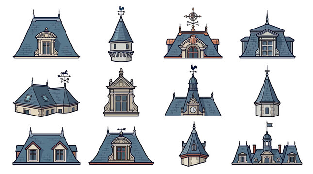 Collection of Victorian French Mansard Roofs and Dormer Windows, Architectural Elements