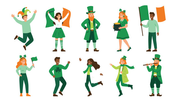 Saint Patricks Day characters vector set with diverse people celebrating irish holiday holding flags gold pot and clover