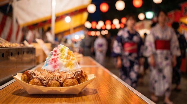 Takoyaki in a wooden tray and rainbow shaved ice on a stall counter with people in yukata at a Japanese night festival, street food concept