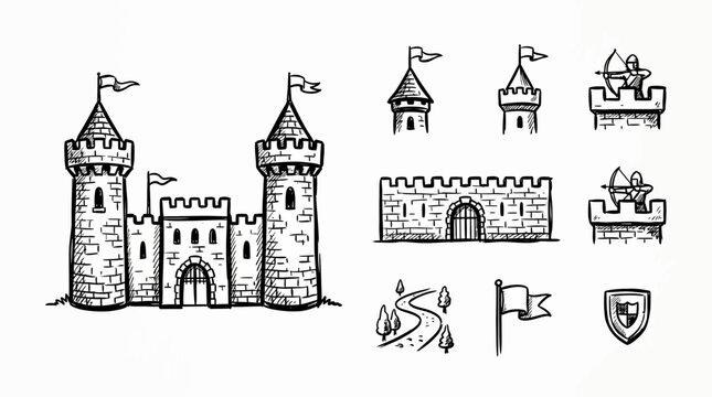 Medieval Castle Elements: Fortress, Towers, Walls, Archers, Shield, Flag, Path