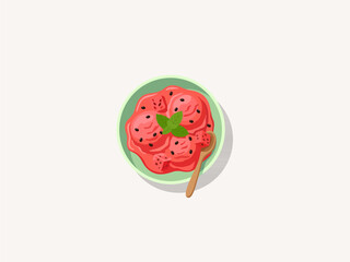 Top view watermelon sorbet ice cream with chocolate seeds and mint leaf in green bowl flat vector illustration isolated on white background © Akasha Design