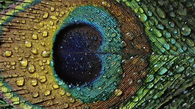 Close-up of a vibrant peacock feather with water droplets, showcasing natural beauty