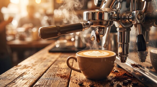 Fresh cup of latte with latte art near professional espresso machine