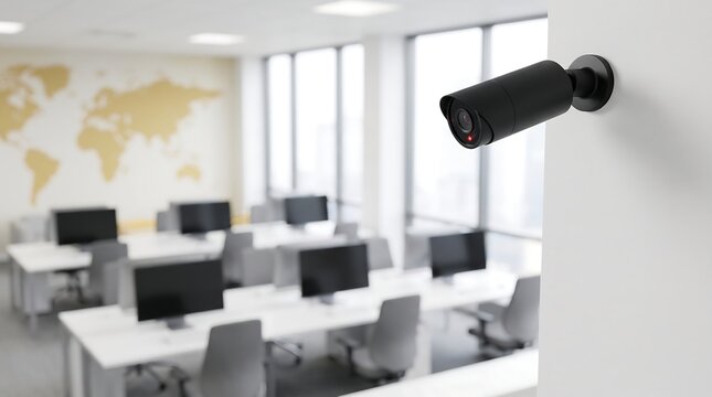 Black bullet security camera with red indicator light mounted on wall in modern office with blurred desks in background illustrating active surveillance and safety