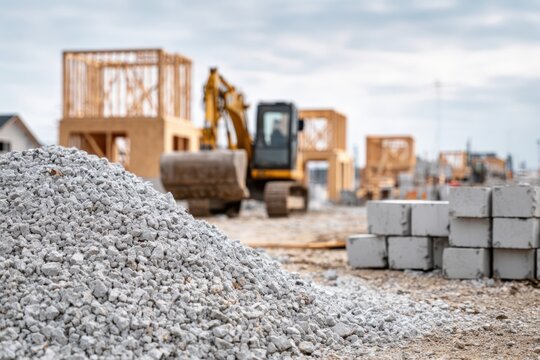 Pile of crushed stones and gravel debris for build. Excavator digs ground near house framing. Residential construction site heavy machinery rental, quarry mineral materials supply industry banner.