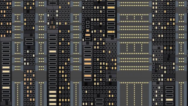 intricate rotating isometric cityscape glows at night, windows brightly lit, vibrant representation of modern urban life, loopable abstract animation