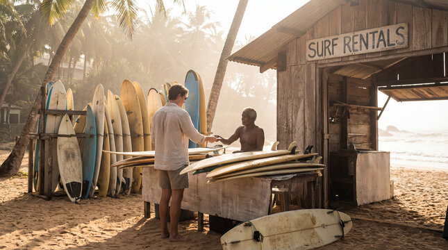 Traveler rents surfboard at beach shack lined with boards under palms exchanging payment with local owner showing tropical tourism lesson start near ocean waves in warm sunlight setting