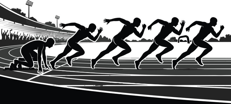 Sprinter runner silhouette sequence starting from block to full speed sprint on stadium track vector illustration