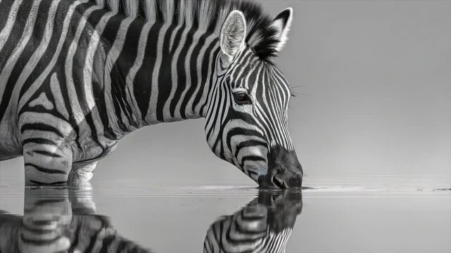 A black and white image of a zebra drinking water, with its reflection visible