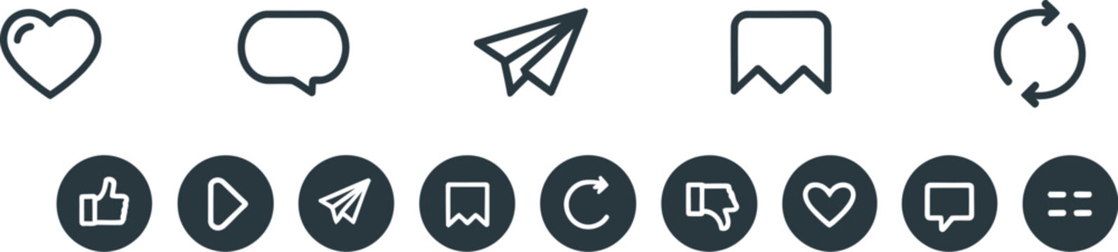 Social media interaction icons with like, comment, share, bookmark, and refresh symbols for user interface design