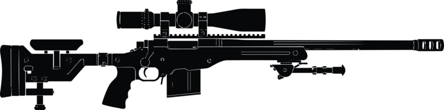 Black silhouette of a modern sniper rifle with tactical scope and bipod isolated on white background vector illustration