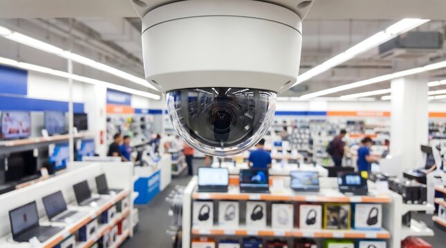 Dome security camera mounted on retail store ceiling overlooking electronics department with blurred shoppers for loss prevention and business surveillance monitoring systems