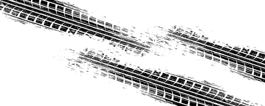 Black tire marks on road, Black rubber tire marks and tread marks, Tire trace track wheels texture and background, Auto tire tread grunge, Car wheel tyre tread track black tyre print, Top view.