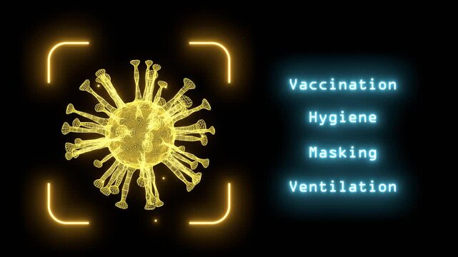 Abstract virus. A virus pandemic protocol. Neon glowing wireframe hologram. Infection control and medical guidelines issued to mitigate transmission and manage severe cases.