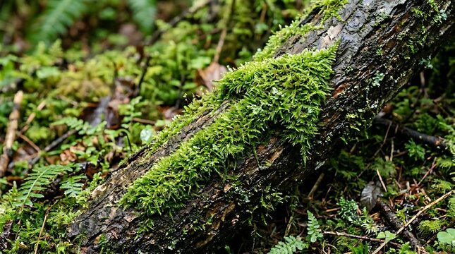 Vibrant moss growing on dark textured fallen tree log in lush forest environment close up macro view.