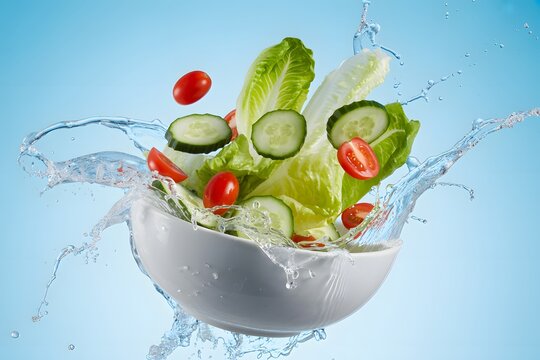 Fresh garden salad ingredients floating in bowl with water splash effect