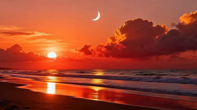 Sunset beach with crescent moon