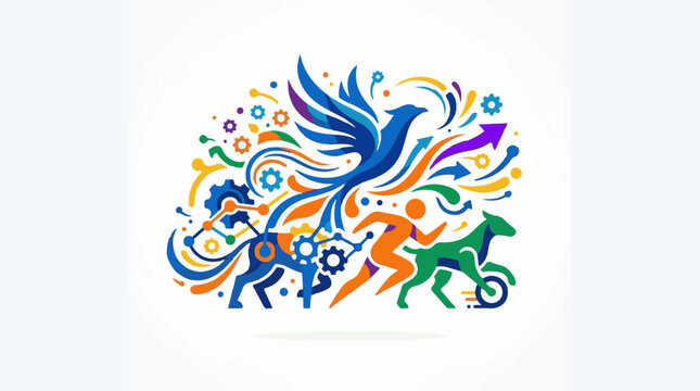 Colorful abstract design of a bird runner and animals with gears and arrows