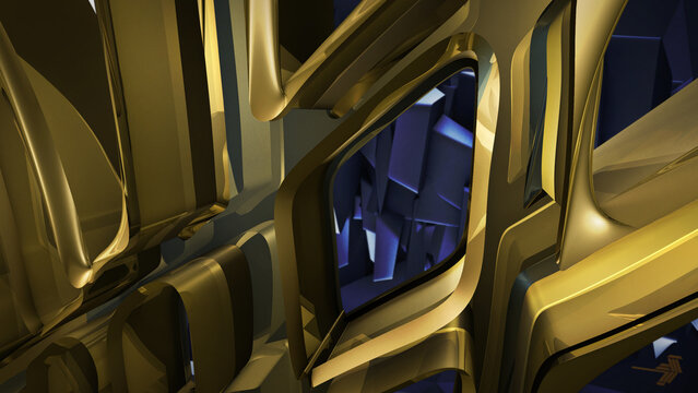 Metal texture background, with gold and blue hard curves. A digital 3D graphics geometric texture, perfect for technology and automotive products