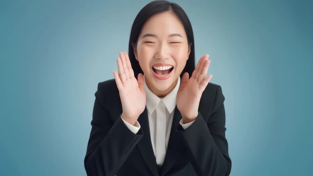 若い女性会社員が両手を口元に添えて明るく呼びかける企業広告風のスタジオ場面