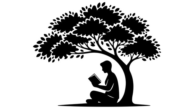 Person Reading Book Under Tree Silhouette Vector, Peaceful Nature Learning and Education Black Icon Collection