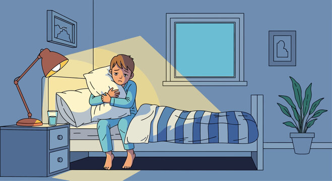 Sad Boy, Sitting on Bedside, Holding a Pillow, and Suffering in Depression
