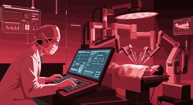 Robotic Surgery Illustration Depicting a Medical Procedure with High-Tech Surgical Tools And