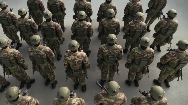 迷彩服の男性兵士たちが整然と隊列を組み緊張感のある規律を示す軍事訓練の場面