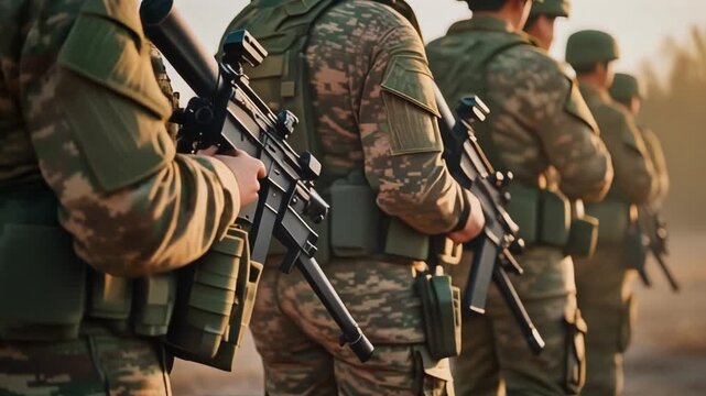 迷彩服の男性兵士たちが屋外で隊列を組み装備を身につけ任務に備える場面
