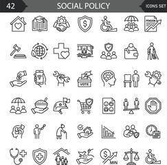 Fototapeta premium Social Policy web icons in line style. Education, government, welfare, reforms, medicine, collection. Vector illustration.