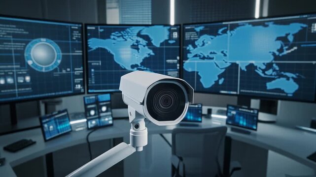 白い監視カメラと青い地図画面が並ぶ未来的な警備管理室のセキュリティ場面