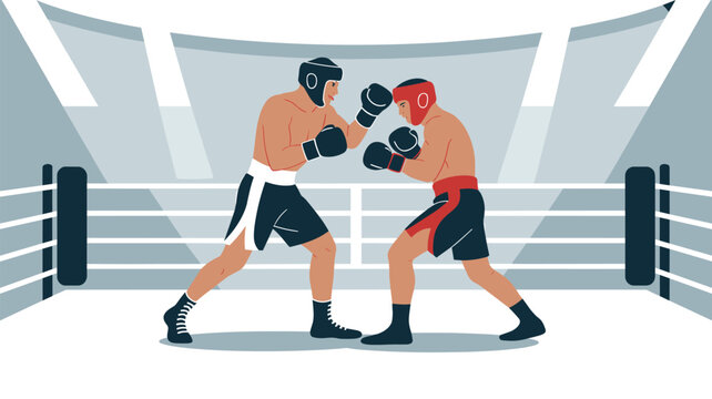 Two professional boxers in protective gear competing in a boxing ring under bright arena lights for sports and competition-themed media.