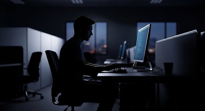 Silhouette of software developer working at computer in dark office at night.
