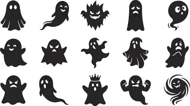 Halloween ghosts and spirits silhouette icons for spooky decorations and festive themes