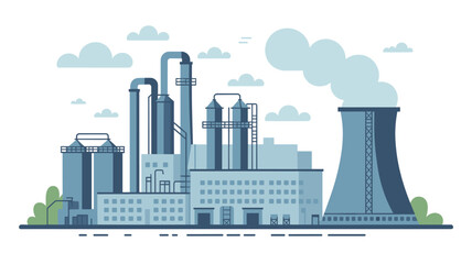 Obraz premium Modern industrial factory complex illustration showing cooling towers and buildings with smoke against a cloudy blue sky.