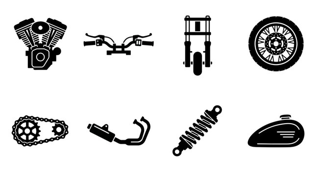 Motorcycle parts black icons set, 8 vector motorcycle components including engine and exhaust, chopper bike repair and custom shop graphics