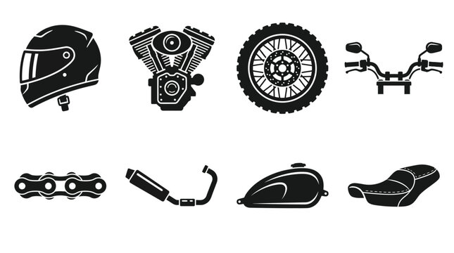 Motorcycle parts vector icon set, black biker equipment and engine components, 8 garage workshop symbols for repair and custom shop branding
