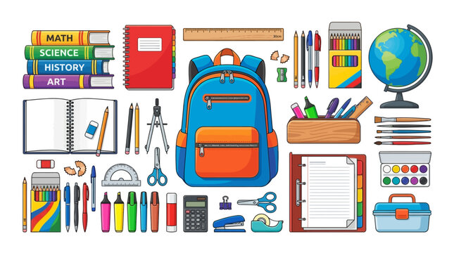 Comprehensive Assortment of Colorful School Supplies, Stationery, and Learning Tools Arranged on a White Background for Education
