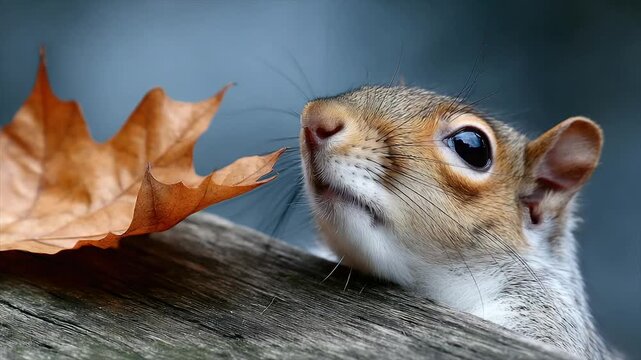 A curious squirrel examines a dry leaf with its whiskers in close-up against a soft background