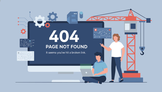 Website 404 page error screen featuring characters at a construction site with a crane and computer monitor concept.