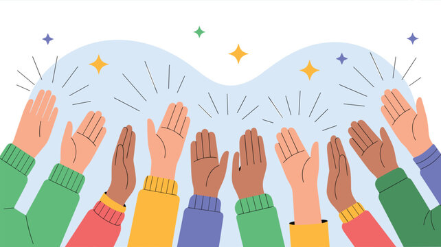Diverse group of multiracial hands clapping against a light blue wavy background with stars to celebrate a success.