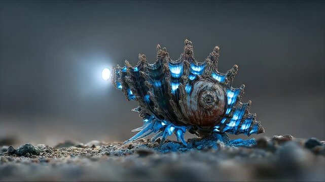 Glowing seashell on grainy surface. Luminescent blue hues and bright light source