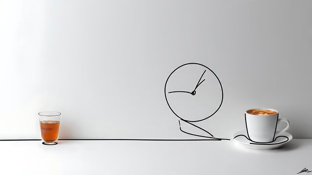 white background coffee cup clock drawing.