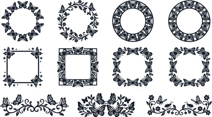 Fototapeta premium Butterfly Floral Frame Vector Collection with Decorative Wreaths, Ornamental Borders, Square Frames, and Elegant Nature Designs Isolated on Transparent Background