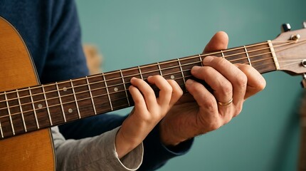 Obraz premium Father and son hand hold a wooden guitar neck