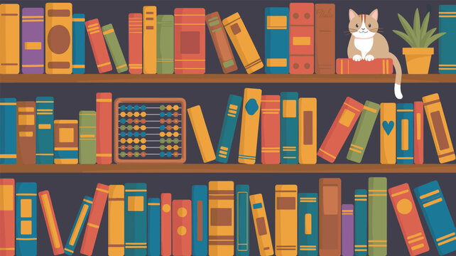 Detailed library bookshelf illustration contains many colorful books with a cute cat sitting on a shelf and an abacus tool.