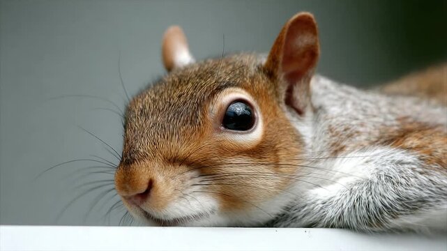A close-up portrait of a squirrel's head with a curious gaze, natural colors