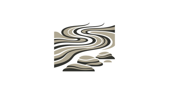Abstract flowing water stream over smooth river stones, minimalist graphic